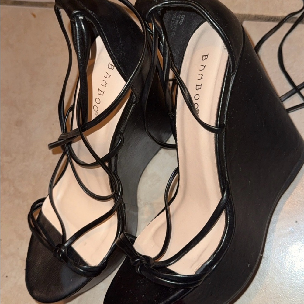 BAMBOO Strappy Black Wedges